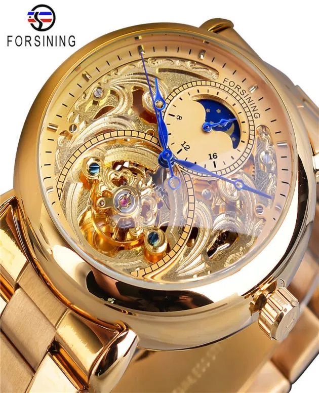 Forining Top Brand Luxury Vine Auto Mechanical Watch Men roestvrijstalen band Sun Moon Display Golden Skeleton polshorloges Slze1646809239
