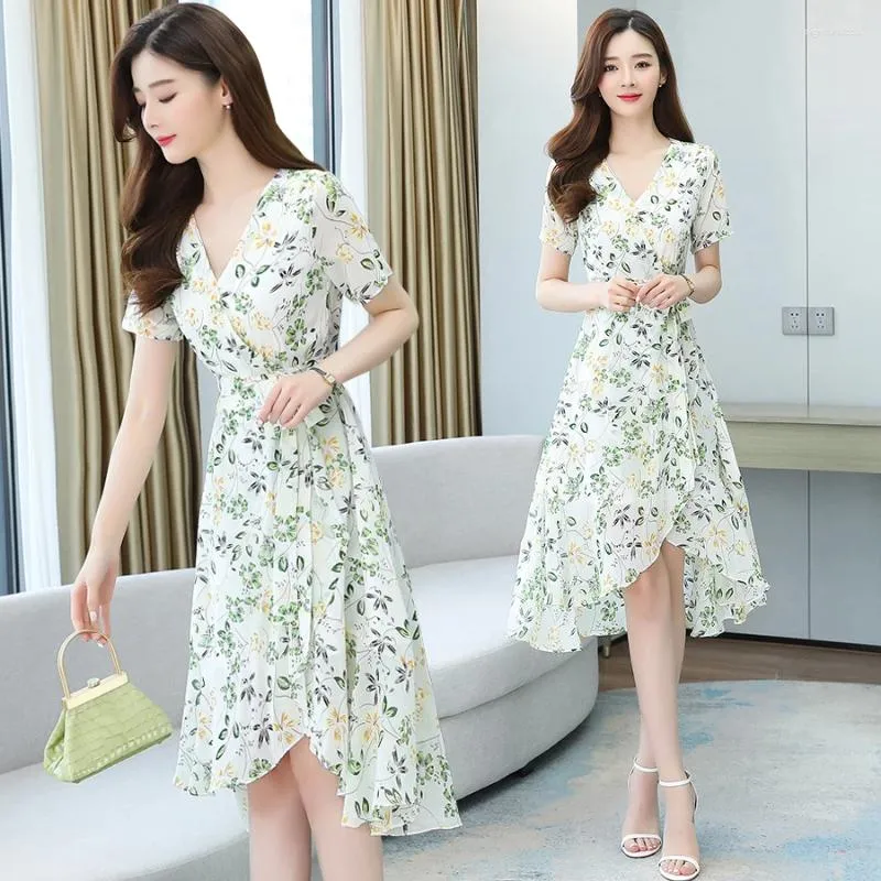 Party Dresses Women's Summer Dress 2024 Office Lady Chiffon Short Sleeve Floral Print Dovetail Belt High Waist V-Neck