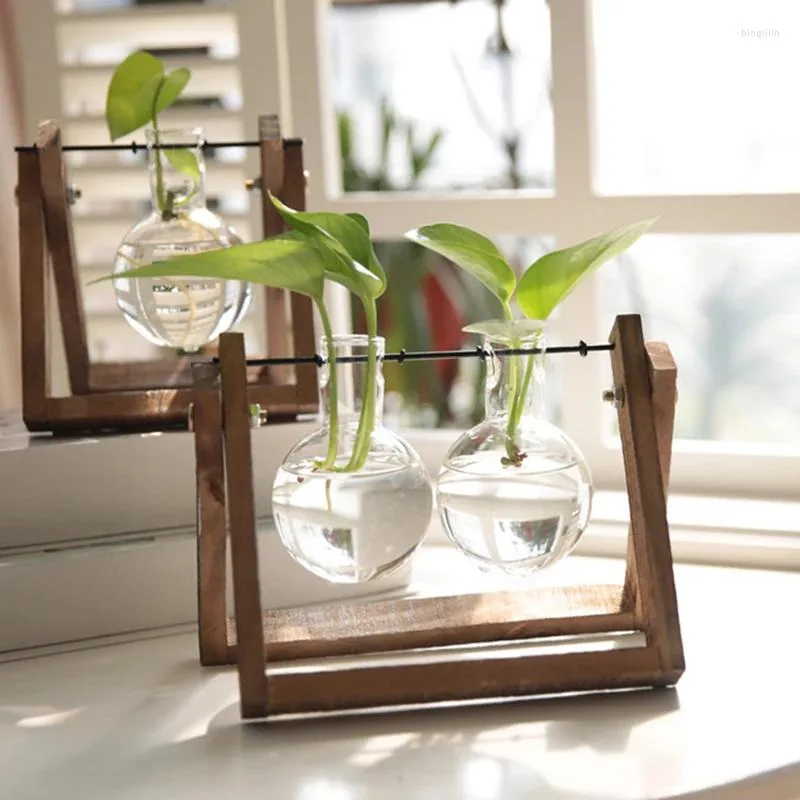 Vasi idroponic Vase Vaso trasparente in vetro creativo in legno Tavolo da tavolo da salotto soggiorno Dedroom Office Decorao fai -da -te Decorao