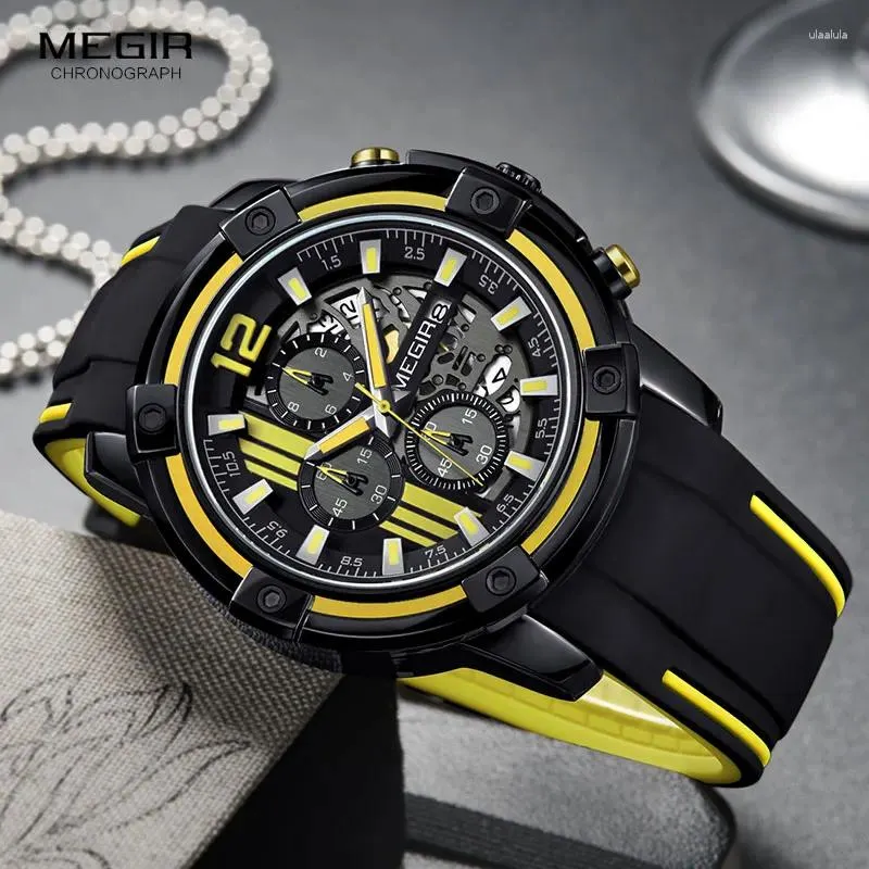 Начатые часы мегир мужской черный силиконовый ремешок Quartz смотрит на хронограф спортивные наручные часы для Man 3ATM водонепроницаемые светящиеся руки 2097