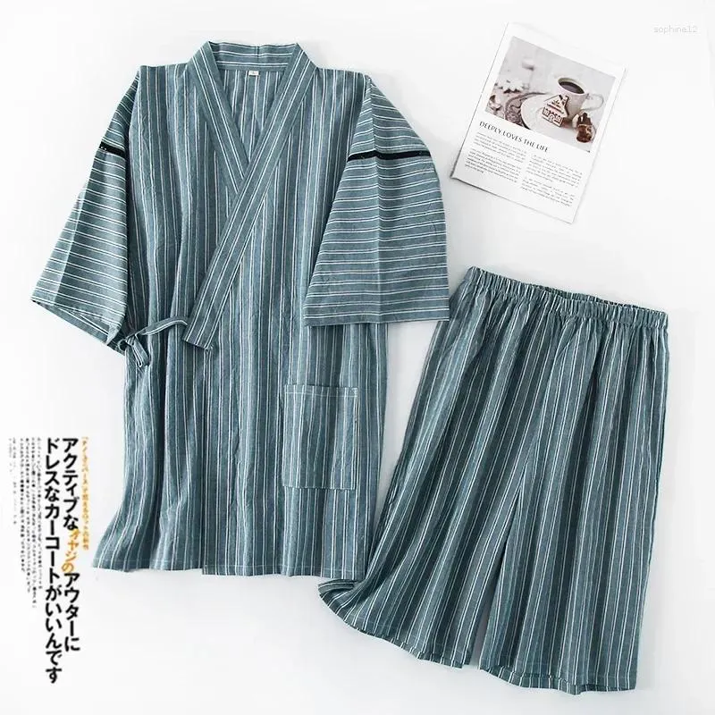 Vêtements à la maison japonais kimono rayé pyjamas set 2024 été mâle coton pur pur mince short à manches courtes
