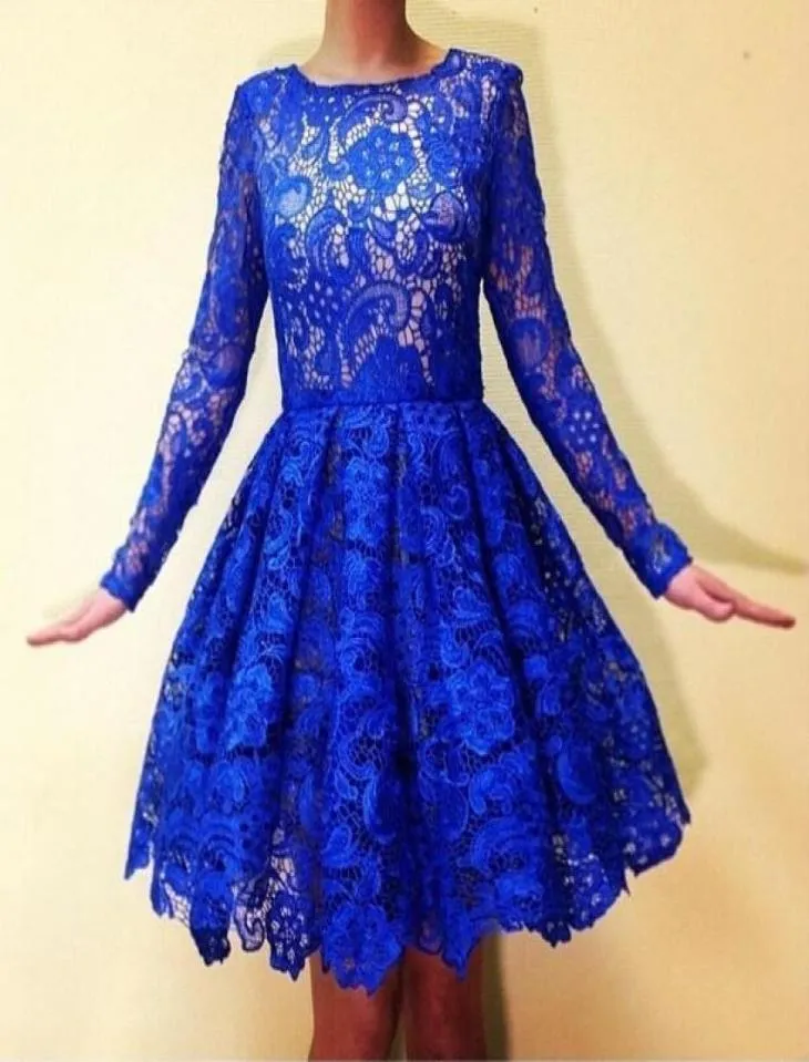 LongSleeved Blue Lace Homecoming Dresses Knä längd Ruched Top Quality Dresses Party Evening Simple Classic Short Prom Party Dre9639290