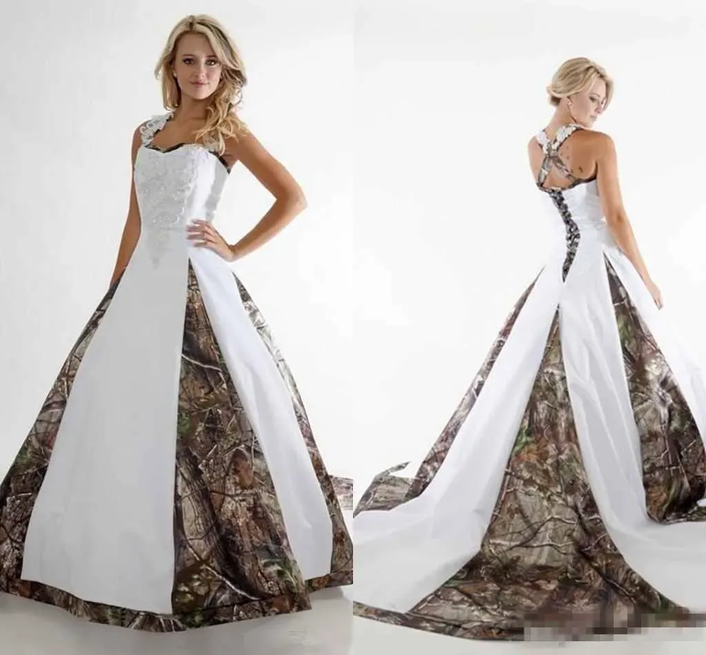 Jurken Vintage Camo Princess Wedding Jurken Spaghetti Appliques A Line Sweep Train Elegante Country Bridal Jurns For Garden Country Custo