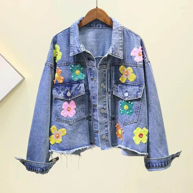 Embellished Denim Jacket: Womens Pearl & Flower Beaded Jean Coat