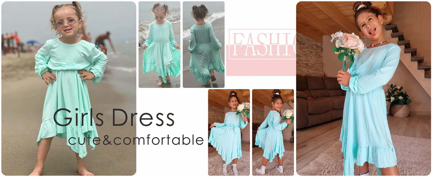 tween girl fall long sleeve maxi boho bohemian round neck solid color dress kid swing size clothes