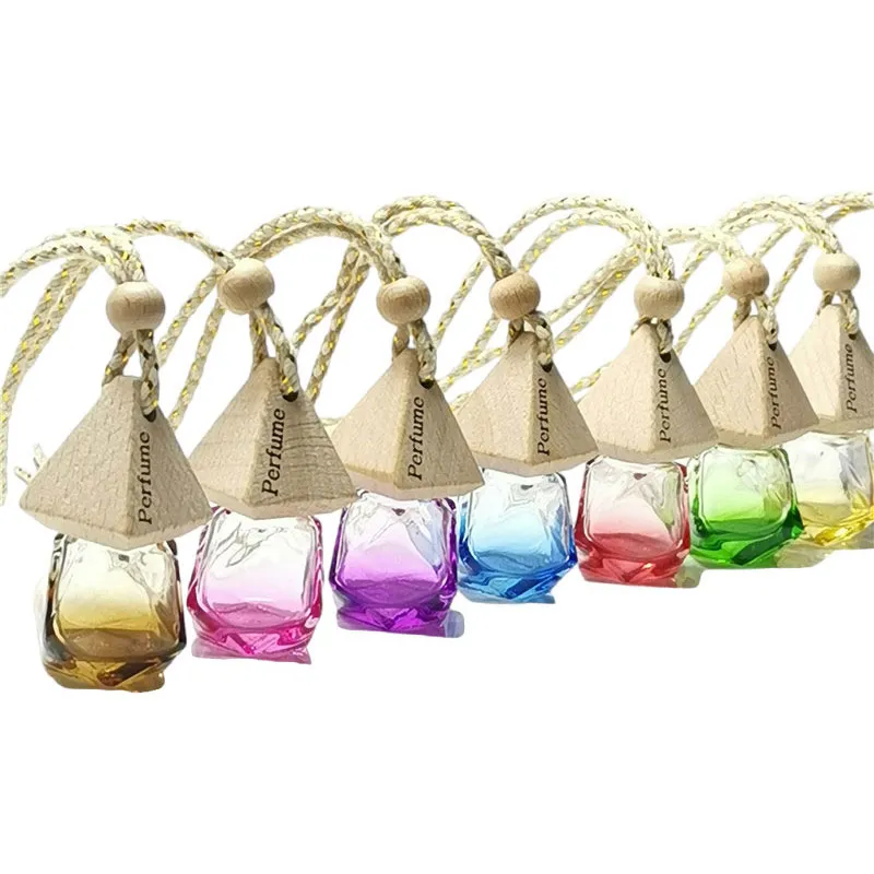 Diamant auto parfum fles hanger Essentiële olie diffuser hanger glazen ornamenten rhombische lege flessen houten deksel luchtverfrisser JY1227