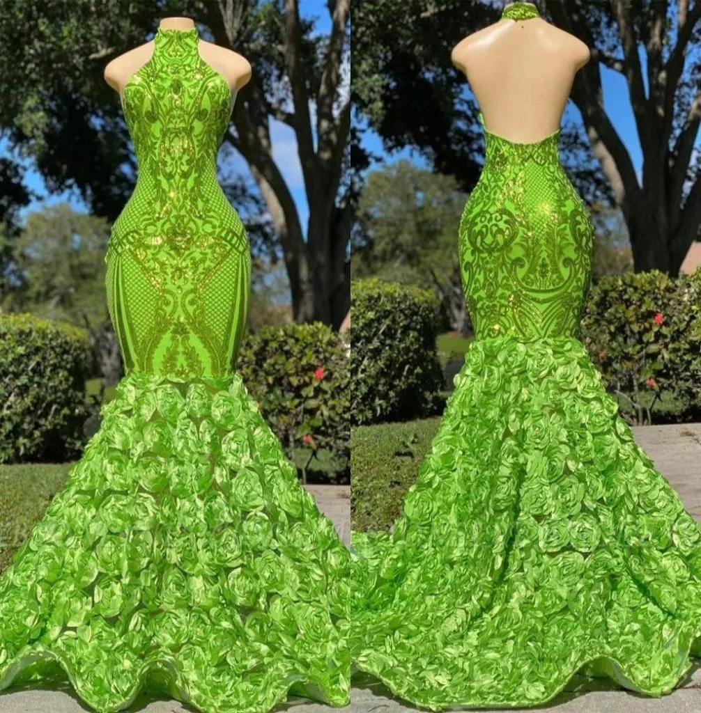 Olive Green Mermaid Prom Dresses Sexy Backless Lace Appliques Flowers Halter Neck 2K23 Black Girls avond feestjurken Arabisch vest3985297