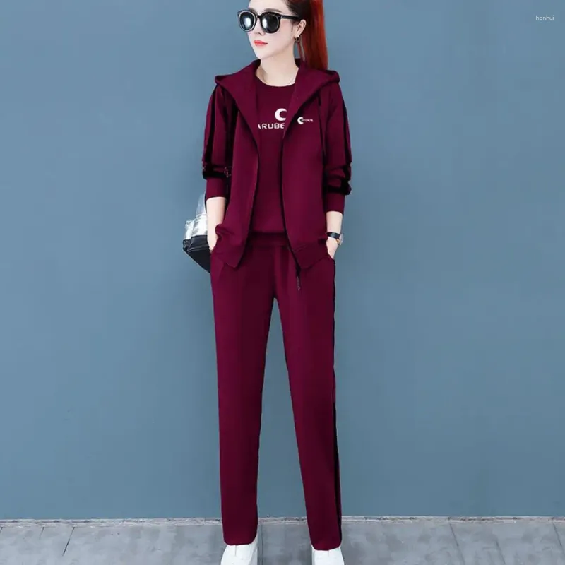 Women's Two Piece Pants Letter Print Sweatshirt Set Color Matching Hooded Sports Suit With Soft Thick Material Elastic Cuff 3-piece For