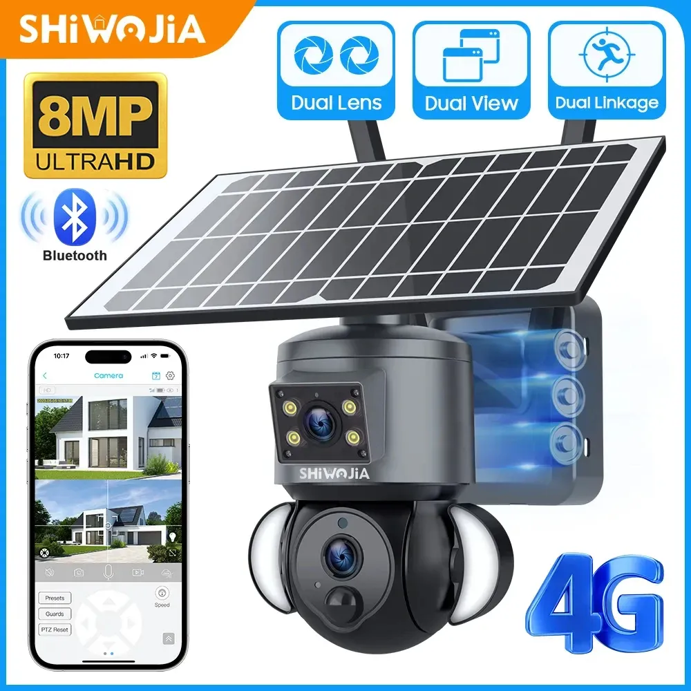 カメラShiwojia 8MP 4G SIMソーラーバッテリー監視カメラ屋外WiFiソーラーパネルセキュリティカメラPIRヒューマン検出2つの方法オーディオ