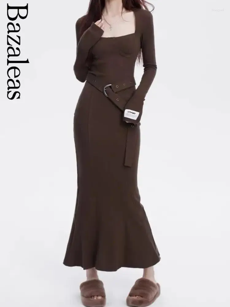 Casual klänningar 2024 Bazaleas elegant med bälte sjöjungfru klänning sexig fyrkantig krage pad lady smal stretch bodycon fishtail robe