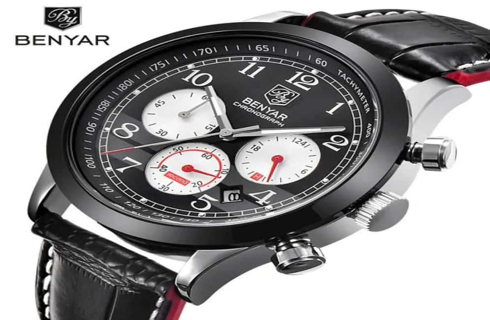 Benyar Brand Sport Men do cronógrafo à prova d'água Assista Top Brand Brand Luxury Male Leather Quartz Militar Wrist Watch Men Clock SAAT25888672992