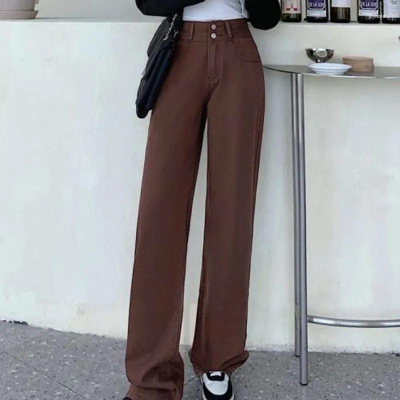 Dames jeans bruin rechte dweil denim voor vrouwen herfst lente hoge taille met een brede poot broek koffiekleur