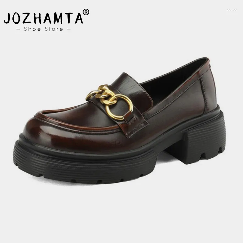 Casual Shoes JOZHAMTA Size 34-39 Women Platform Chunky Heels Pumps Real Leather 2024 Ins Chain Mid Heel Loafer Daily Office Lady Dress