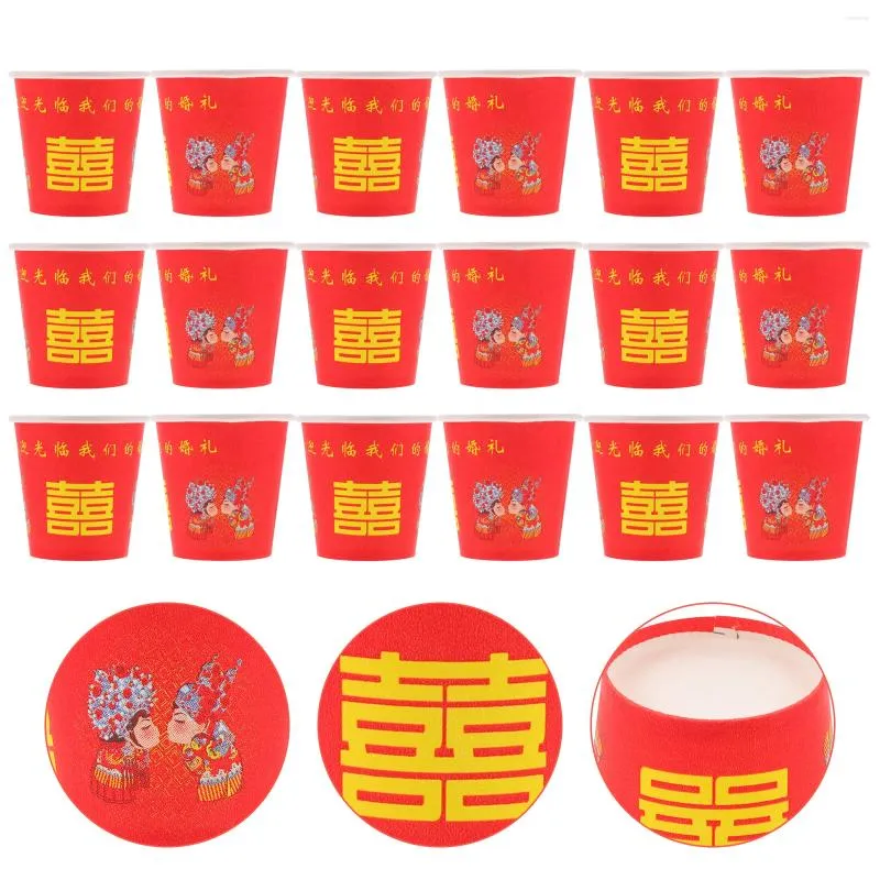 Copas descartáveis palhas 100 pcs Red Double Happiness Glass Banquet Tea Festive Serving Paper Practical Bride Glasses Plastic for Party