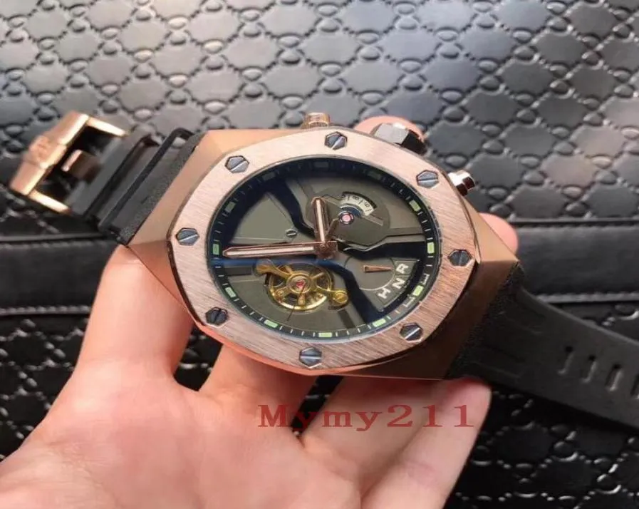 Nuevos exquisitos hombres de tourbillon Mentigratoria Caballero de movimiento mecánico de caballos Relojes de goma Men casual Calendario WATC2793146