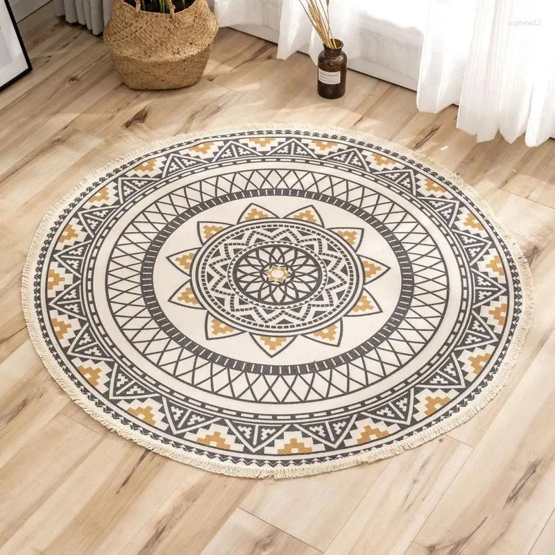 Carpets Nordic Morocco Round Carpet Bohemia Ethnic Tassel Yellow Mandala Living Room Cotton Linen Big Rugs Modern Classic