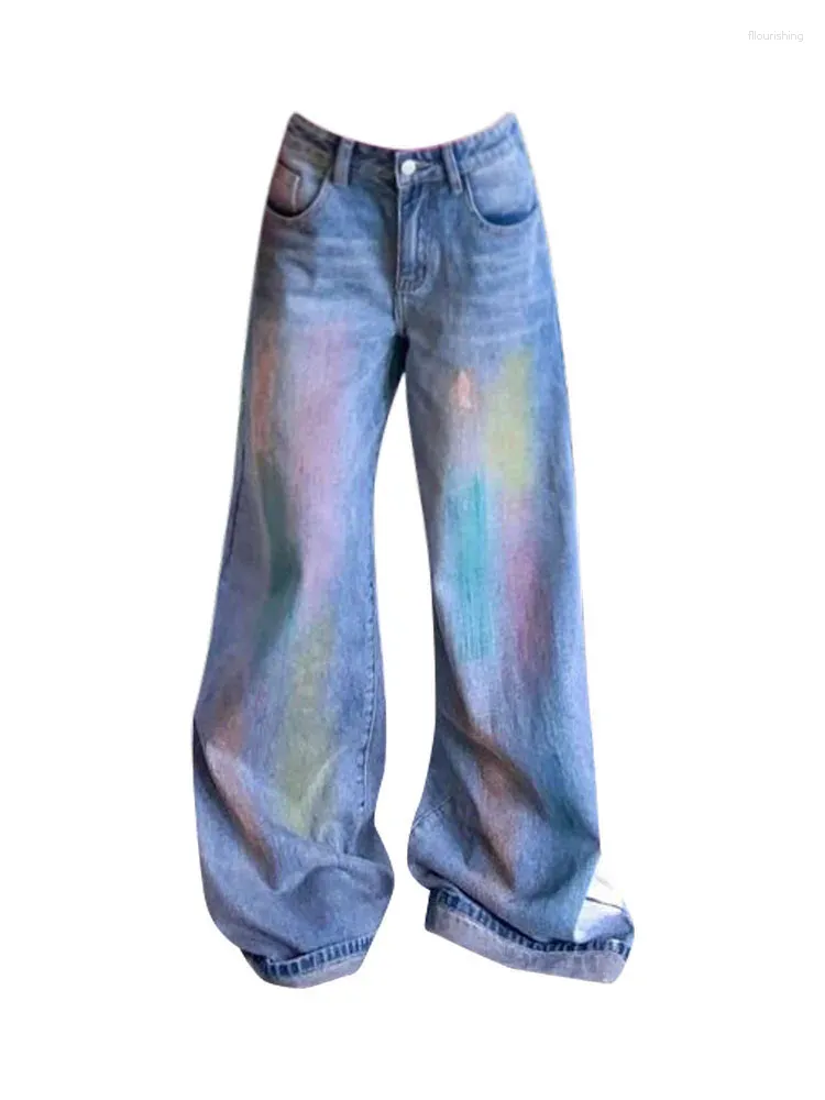 Jeans femininos americanos retro folgados lavados calças largas de perna larga de altura calça de comprimento completo pintado de rua coreana harajuku