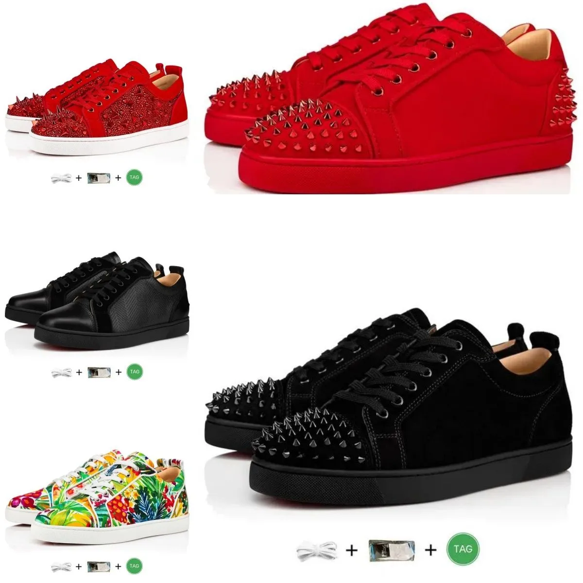 Röda bottnar designer skor låga klänningskor casual skor sneakers svart vit grön grå rött patent läder mocka mens spikar tränare sport sneaker högre kvalitet