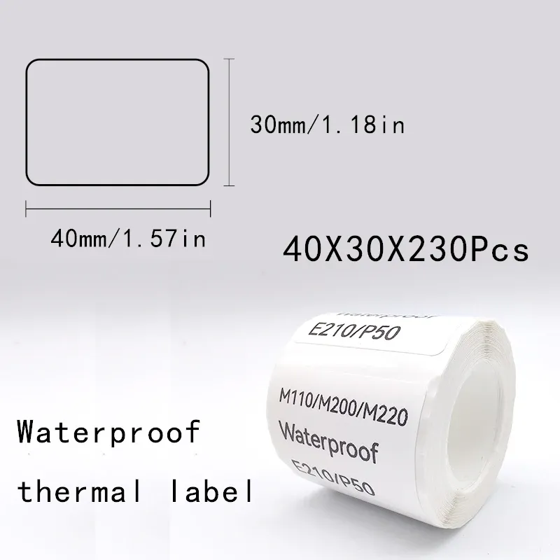 Papier 5pk E210 P50 Label Paper Sticker 40*30mm 230PCS/ROLL WIT LABEL TABER TAP Waterdichte tagsticker voor E210 Labelprinter M110 M220