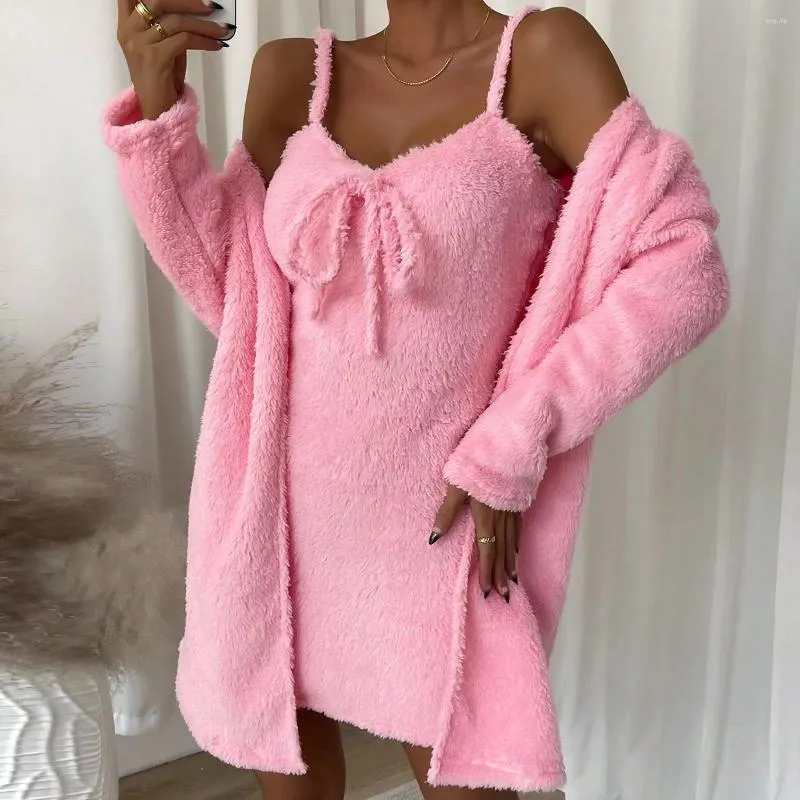 Work Dresses 2024 Design Women's Two Piece Plush Dress Overlay With Kimono Slim Fit Sexy Pink