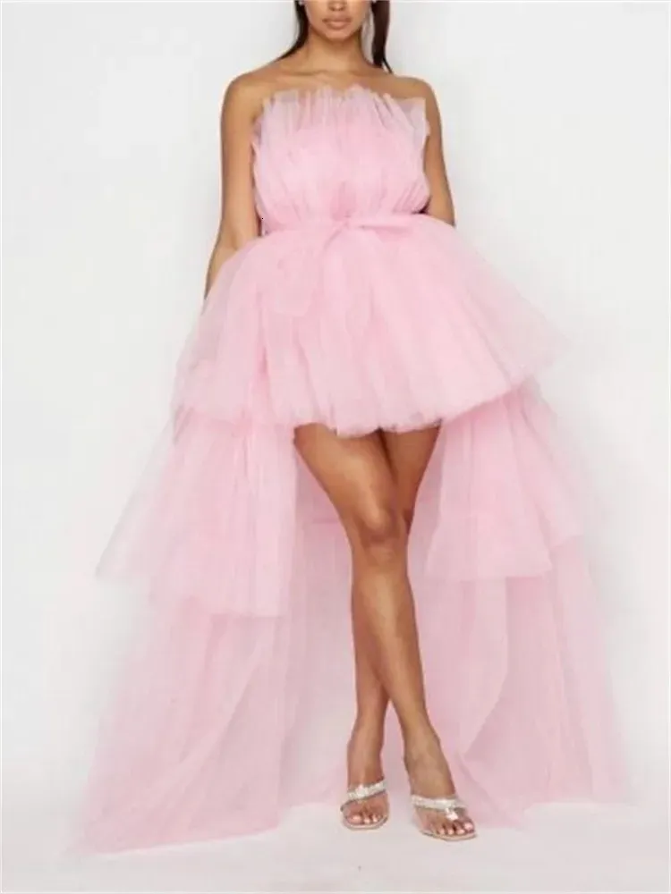 Strapless Off Shoulder High Waist Asymmetrical Hem Tulle Dresses Mesh Sheer Elegant Women Formal Ball Gown Dress 240321
