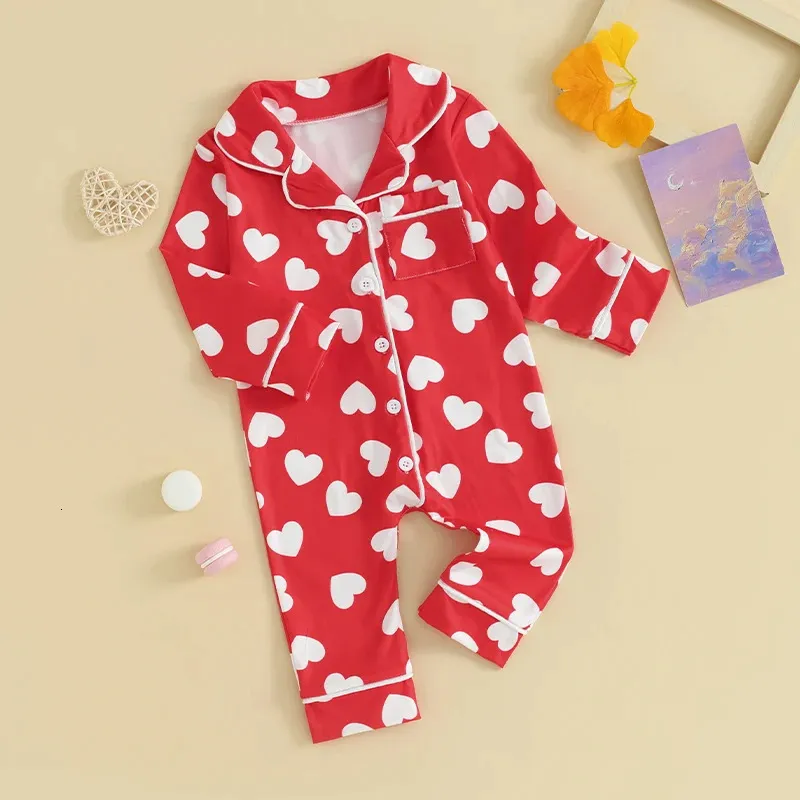 Valentine S Day Baby Girls Boys Footie Pajamas Heart Print Buttonon Jummies Jammies 옷 240325