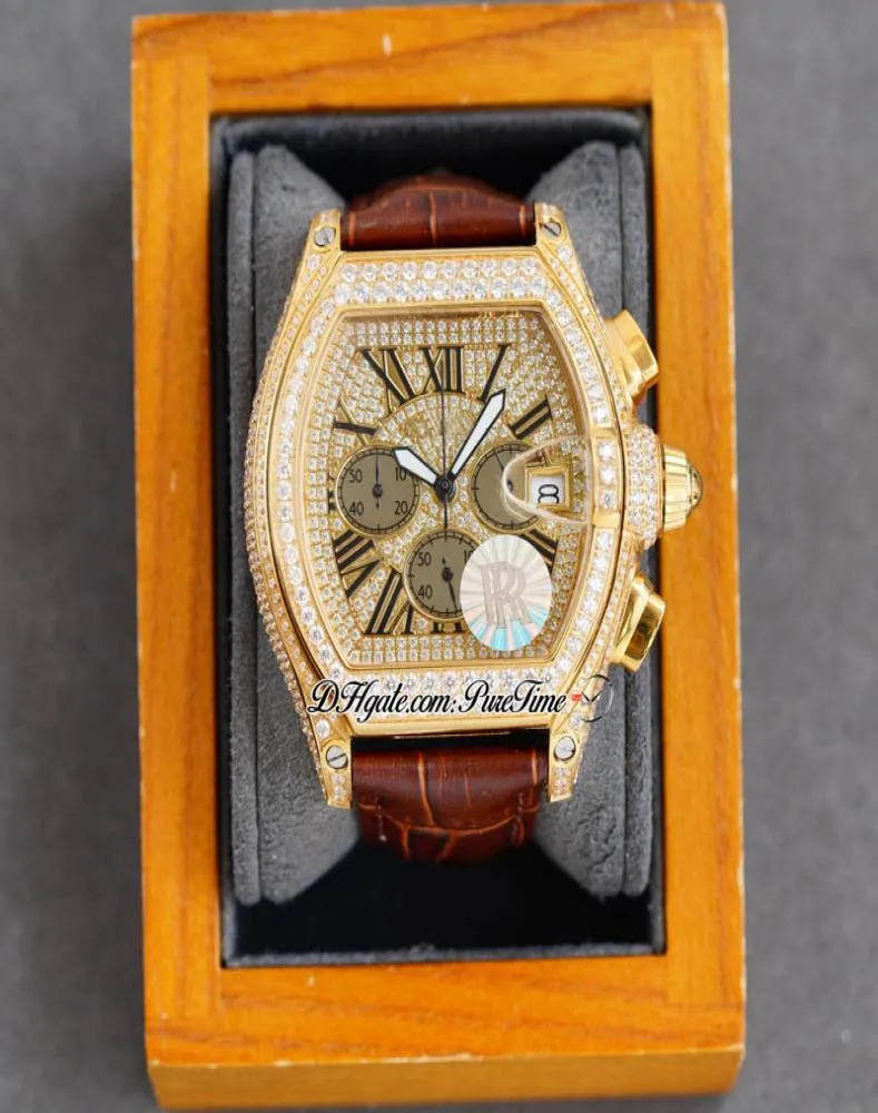 TWF Tortue XL Miyota Quartz Chronograph Mens Watch 18K Yellow Gold Paved Diamonds Dial Black Roman Brown Leather Stopwatch Je7323383