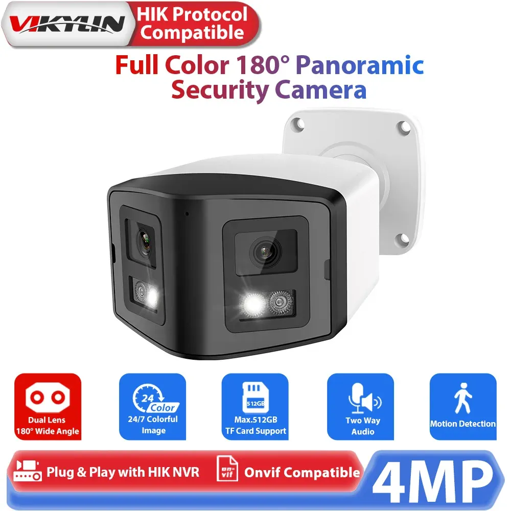 Kameror Vikylin i full färg Panoramiska säkerhetskamera 4MP Dual Lens Bullet Camera för Hikvision Compatible Poe CCTV Surveillance Outdoor