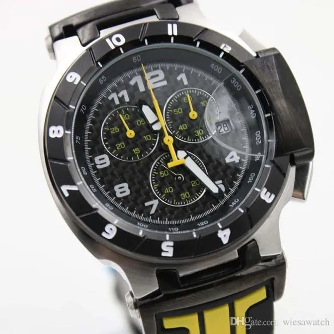 Relógios de pulso atraentes Cronografias de quartzo amarelo alça de borracha de 45 mm assistem relógios masculinos ao ar livre com Dial6503823 distintivo