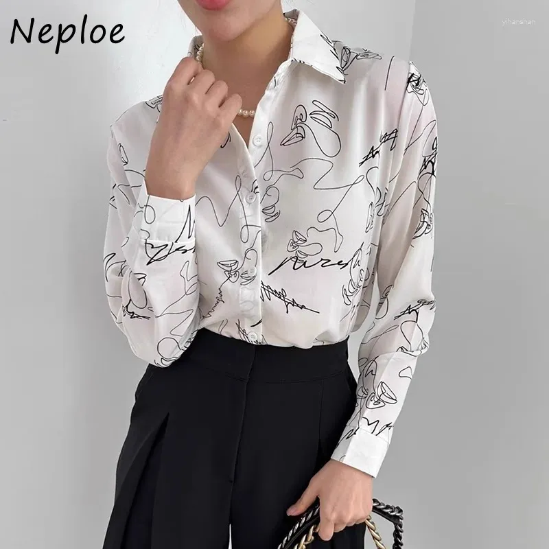 Women's Blouses Neploe 2024 Spring Sketch Graffiti Simple Lapel Neck Loose Shirts Women Y2k Long Sleeve All-match Blusas Mujer