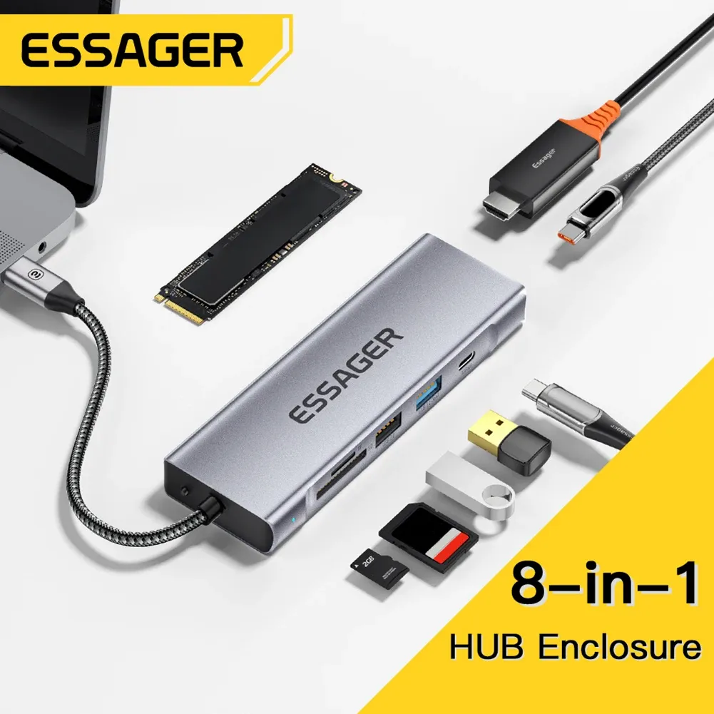 Printers Essager 8in1 Usb Hub with Disk Storage Function Usb Typec to Hdmicompatible Laptop Dock Station for Book Pro Air M1 M2