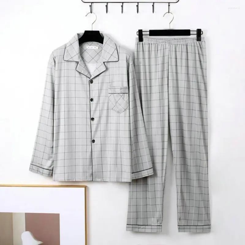 Vêtements à domicile 2 PCS / Set Men Pajamas Set Plaid à plaid rayé Couleur de revers assorti à manches longues Lignes de la jambe de la jambe de maison Pantalon de chemise