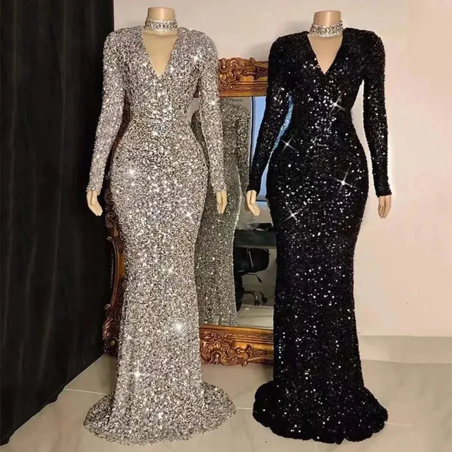 Customized size Women Gray V Neck Long Sleeve Sequin Dress Elegant Evening Dress Party Maxi Dress Ladies Trailing Dresses 240323