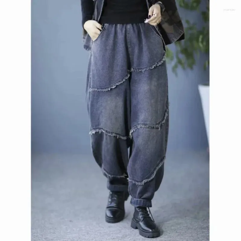 Jeans pour femmes rétro pantalons féminins 2024 Spring Autumn Poches Patchwork Patchwork élastique Harem Harem Denin Tableau Femme Yoyikamomo