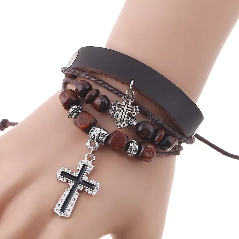 Vintage Cross Charm Bracelets Multilayer Cowhide Braided Genuine Leather Rope Hand Wrap Beads Bracelet for Men Women Fashion Adjustable Bangles Jewelry Gift