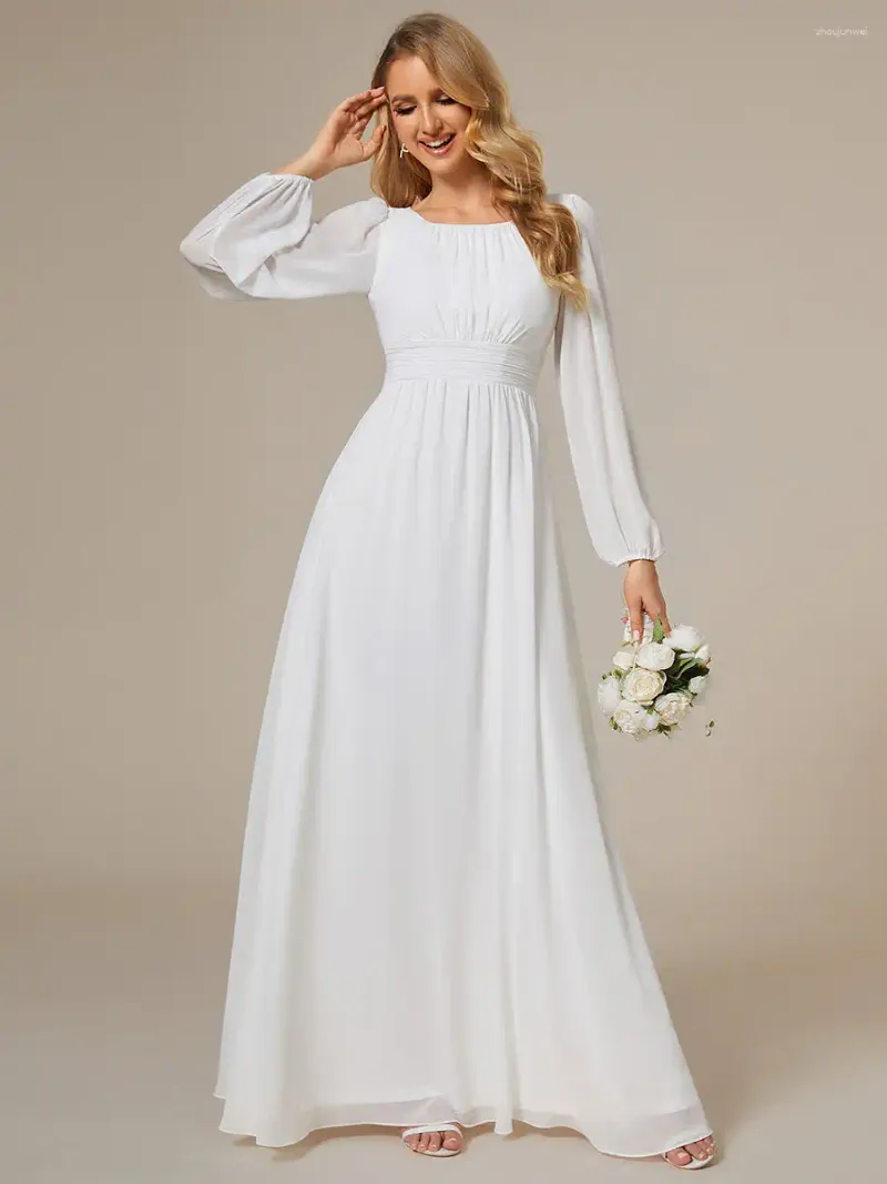 Parti Elbiseleri Zarif Akşam Bir Çizgi Tam Kollu O yakalı Şifon Zemin Uzunlukta Elbise 2024 Hiç Beyaz Balo Kadın Elbise