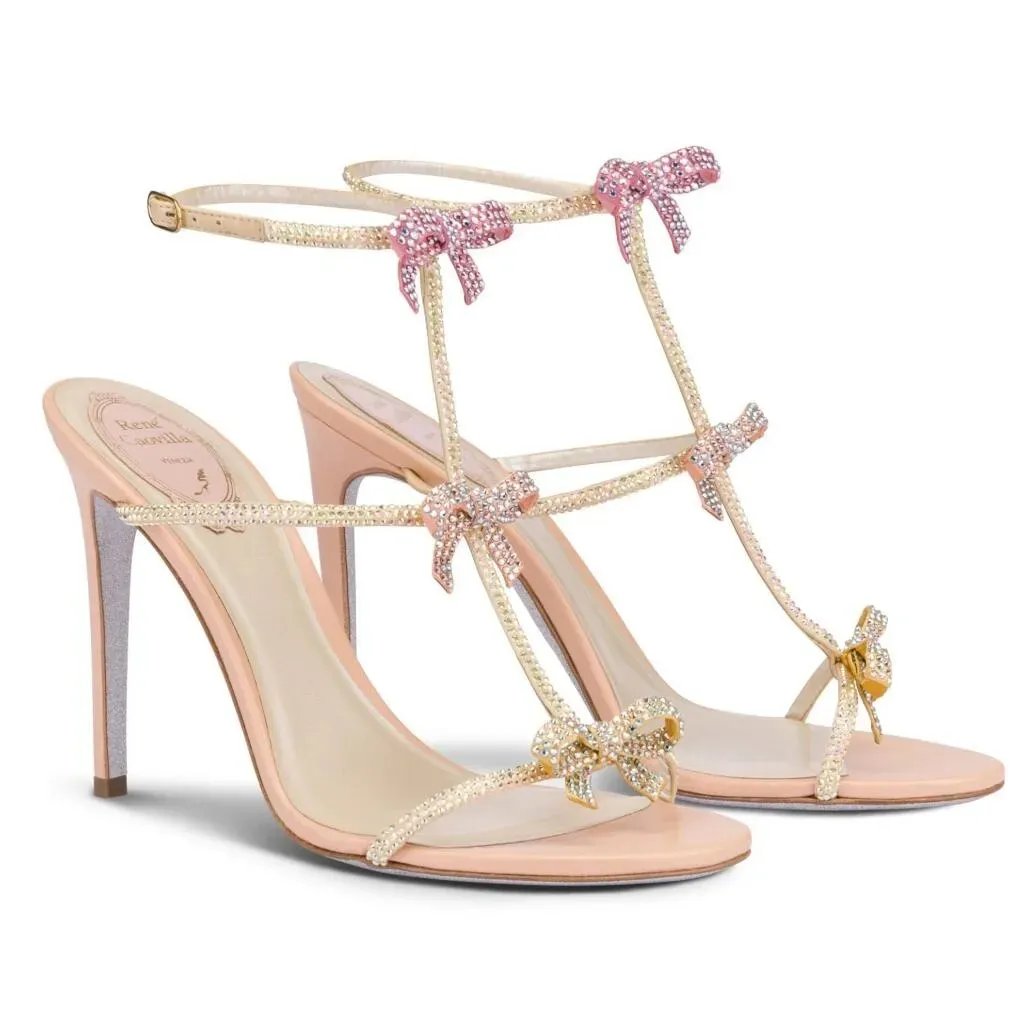 صيف فاخر للنساء Caterina Sandals أحذية النساء Renecaovilla crystal-embelled strappy bow party dress wedding cyels High Cheels EU35-43 ، with box