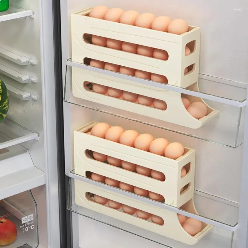 Kitchen Storage Refrigerator Automatic Scrolling Egg Rack Holder 2/4 Tiers Box Rolling Basket Containers Case Organizer
