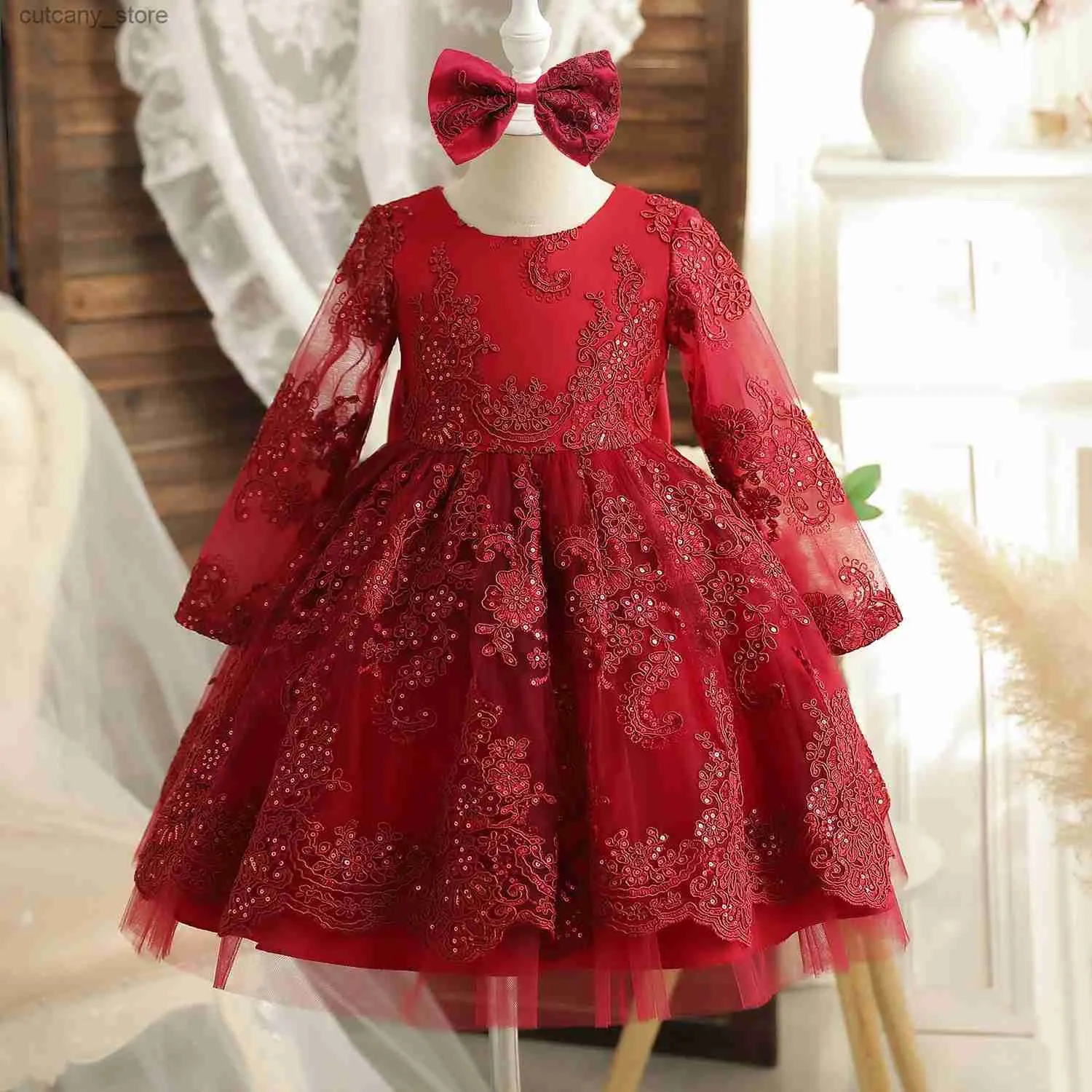 Robes de fille Red Christmas For Baby Girls Mariage Anniversaire Prom Robe Princess Party Robes Egant Nouvel An Toddr Kids Robe de dentelle formelle L240402