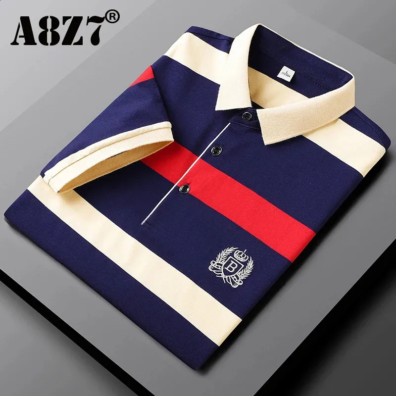 Summer Men Classic w paski Polo Mens Bawełniany Krótki Krótki Krótki Koszula Business Casual Shirt Drop 240403