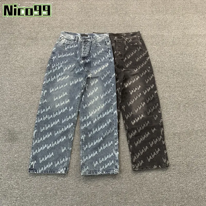 BA POP UP Graffiti Full Print Letters Washed Senior Twill Loose Versatile Black Blue Fashion Casual Straight Wide Leg Men and Women Jeans