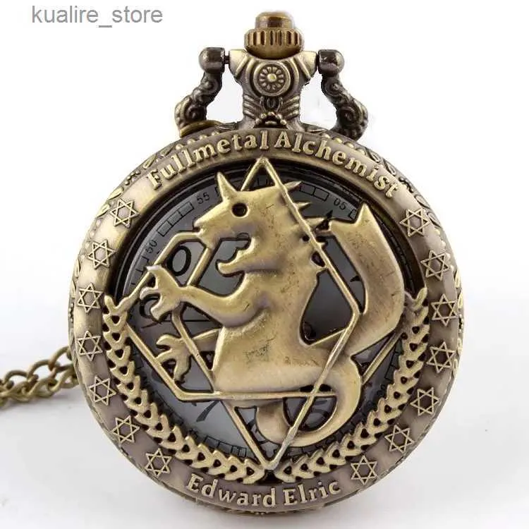 Pocket Watches Antique Black Horse Quartz Pocket Necklace Pendant Chain Fullmetal Alchemist Quartz Pocket fob es relogio de bolso L240402