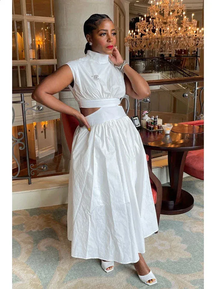 Summer Dresses Mock Neck Sleeveless Cutout White Maxi Dresses A Line  Elegant Pockets Casual Party Hollow Out Long Dress From Sunshine_girls,  $37.16 | DHgate.Com