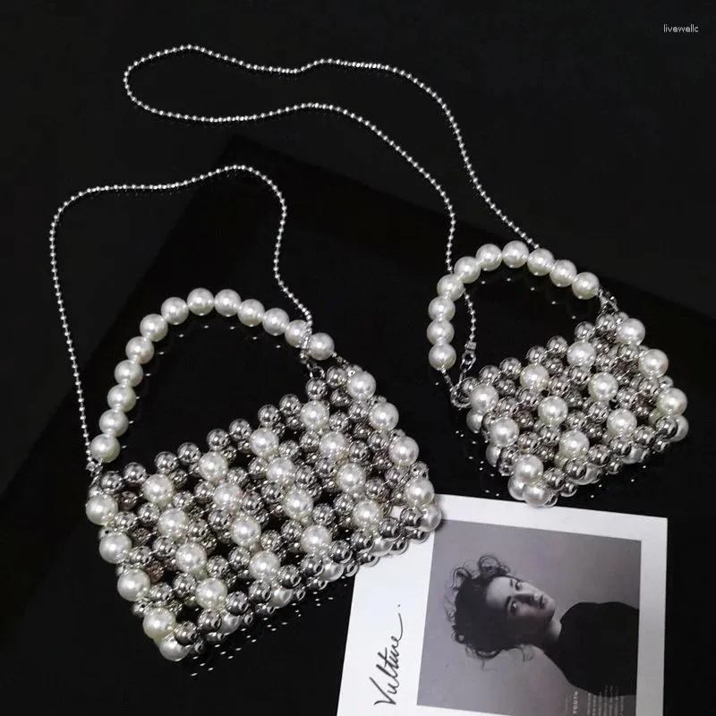 Shoulder Bags Silver Pearl Bag Niche Design Beaded Retro Single Diagonal Hand-woven