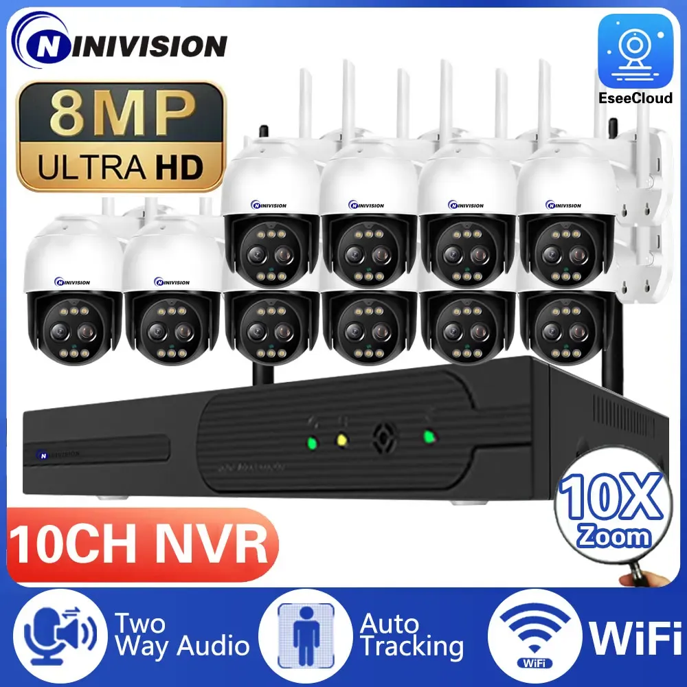 System 8MP 10x Ptz Zoom Wireless CCTV System H.265 10CH NVR Ustaw kamera IP Wi -Fi Twoway Audio, AI Wykrywanie przez człowieka Zestaw nadzoru wideo