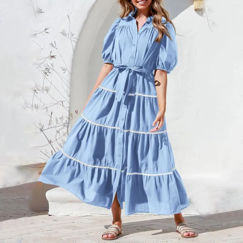 Casual Dresses Women's Button Down Shirt Dress Summer Fashion Short Puffy Sleeve Tiered Ruffle Flowy Long