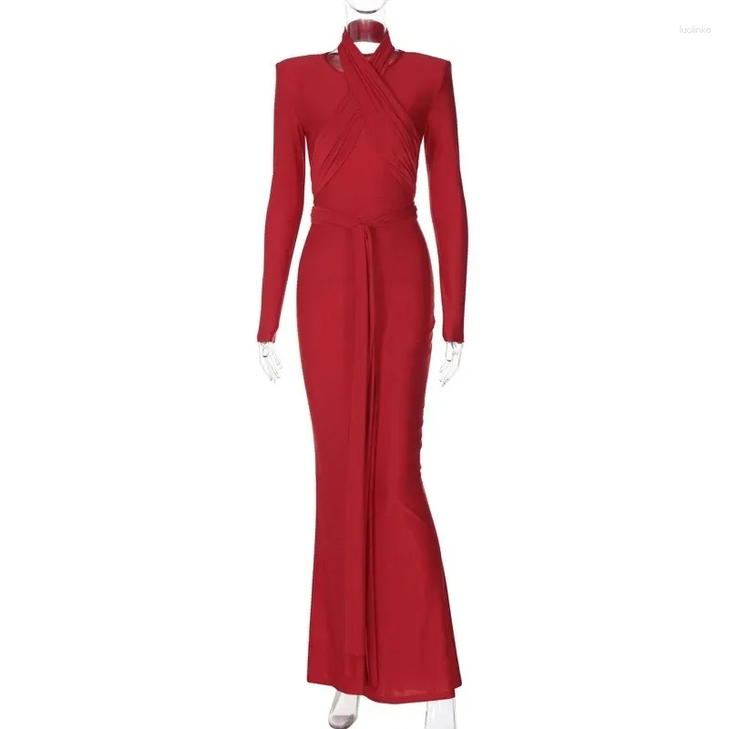 Casual Dresses OMSJ Red Women Elegant Luxury Evening Party Dress Long Sleeve Halter Draped Fitted Maxi Spring 2024 Sheath Vestidos