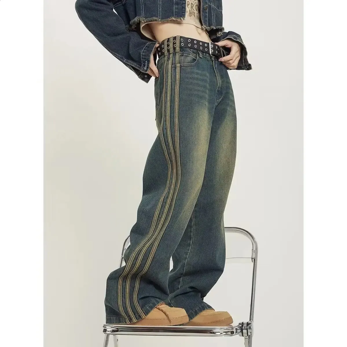 American Style Retro Wash om Old Side Striped Baggy Jeans Fashion High Street Casual Micro-Trumpet Mop High Taille Pant Gothic 240329 te doen