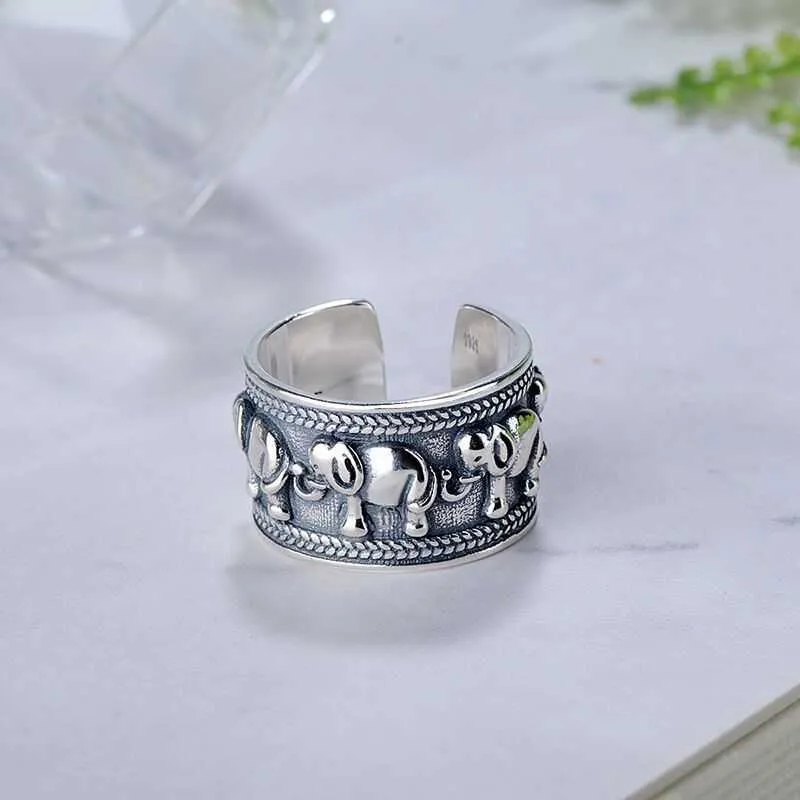 Japan and South Korea National Style Wide Face Elephant Ring Thai Silver Old Group Lady Open