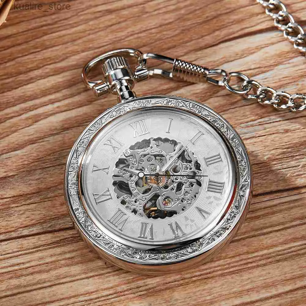 Pocket Watches Classic Roman Mechanical Pocket es Mens Gold Skeleton Steampunk Pocket Chains Fob Clips Clock for Men Gifts Relogio L240402